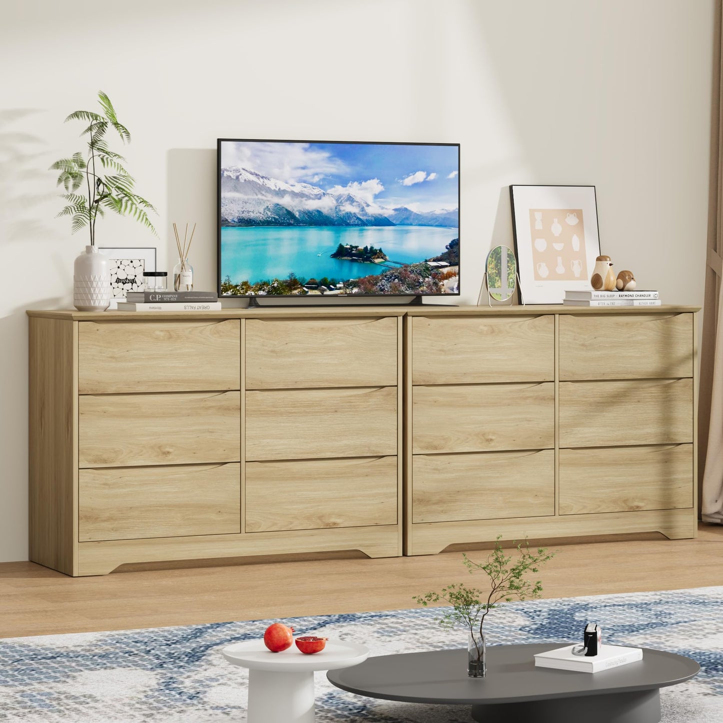 Garvee Wooden Dresser with 6 Drawers, Tall Modern Closet with Deep Storage, Large Chest of Drawers with Wide Top, Long Storage Dresser for Bedroom, Living Room, Hallway, Kids Room, Natural