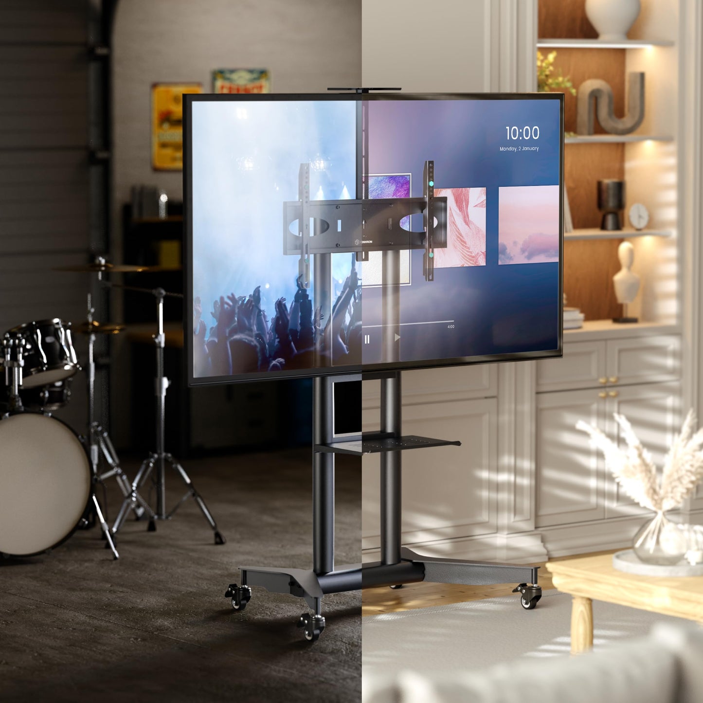 ONKRON Mobile TV Stand on Wheels for 32-75 Inch Screen, max Load 132 lbs, Height Adjustable TV Portable Stand, VESA 200x200-600x400, TV Cart Rolling TV Stand with Wheels and Shelf Black