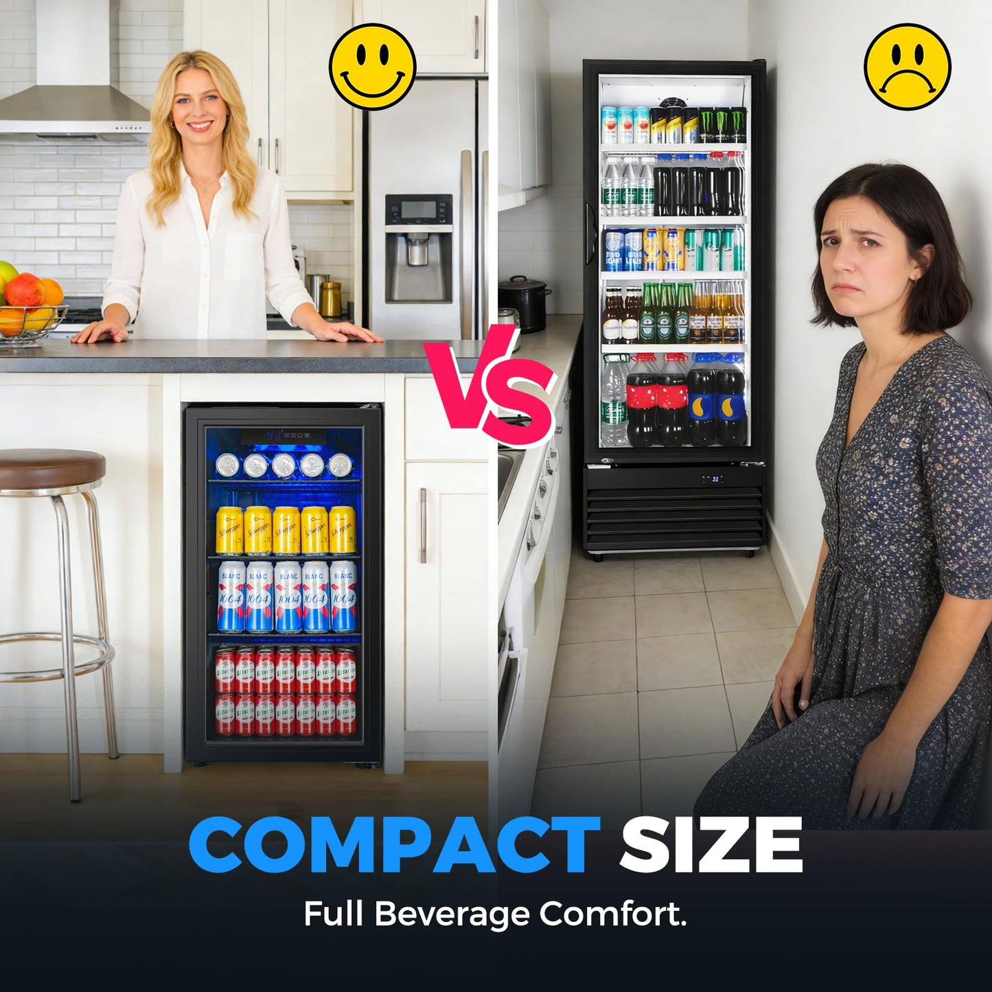 BINGERMA Under Counter Beverage Refrigerator 4.0 Cu.Ft, Glass Door Drink Fridge with Blue LED Light and Adjustable Temperature for Soda, Beer and Cans, Compact Mini Bar for Kitchen and Office