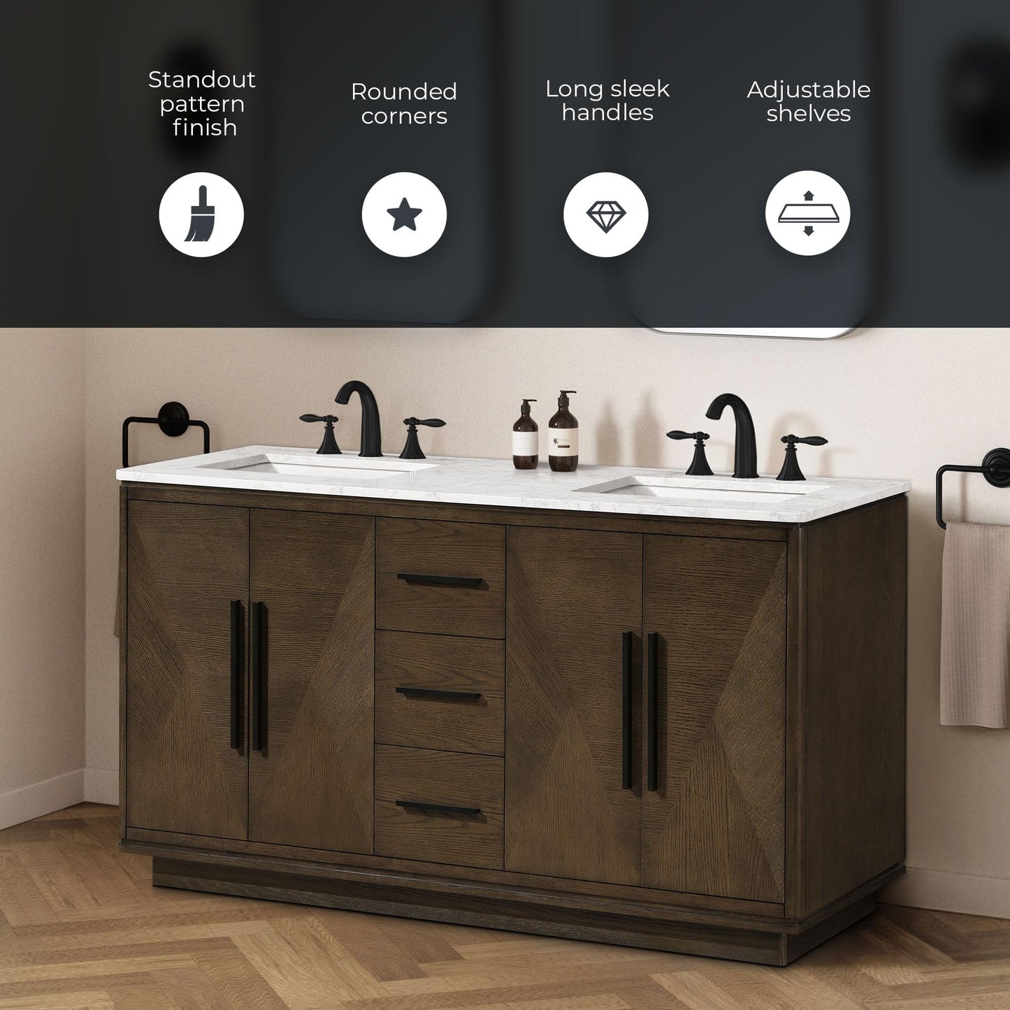 OVE Decors Hale 60 in. Double Sink Freestanding Aged Sweet Oak Bathroom Vanity with Engineered Marble Top