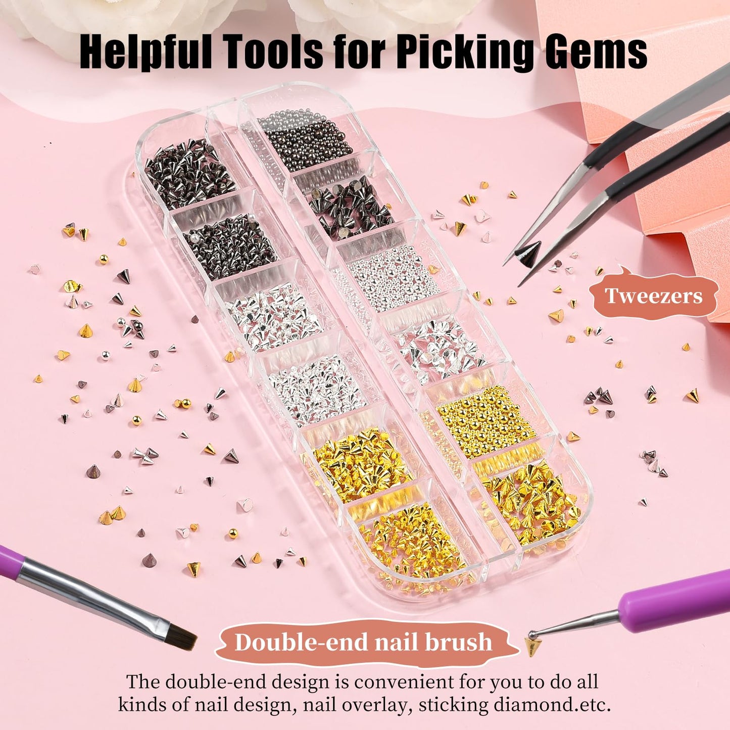 3D Mini Metal Punk Nail Art Studs, Mixed Sizes Gold Silver Black Alloy Cone Spikes Rivets Steel Beads Balls Goth Nail Charms with Tweezers & Dual-end Brush for Nails DIY Crafts Decorations (17-K1)