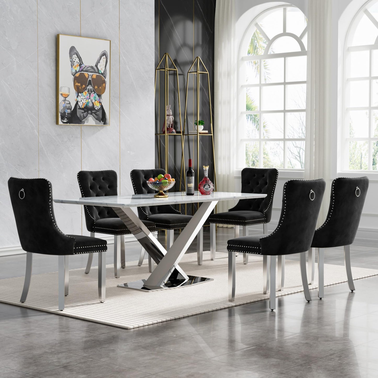 Pvillez 7 Piece Faux Marble Dining Table Set for 6, 70" White Silver Kitchen Table Set with X-Shape Stainless Steel Base, Modern Dining Room Table Set with 6 Black Velvet Chairs for Kitchen Dining