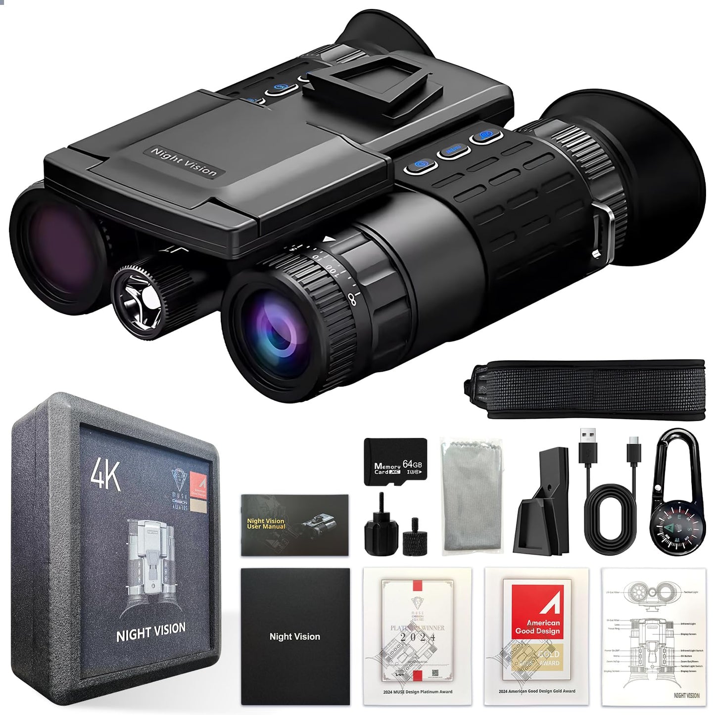 Head-Mounted Night Vision Goggles for Adults, Dual Screen Viewing 4K Video 48MP Photo Taking, 8X Digital Zoom, Military Night Vision Binoculars 1968FT Viewing Range, with 64GB Card