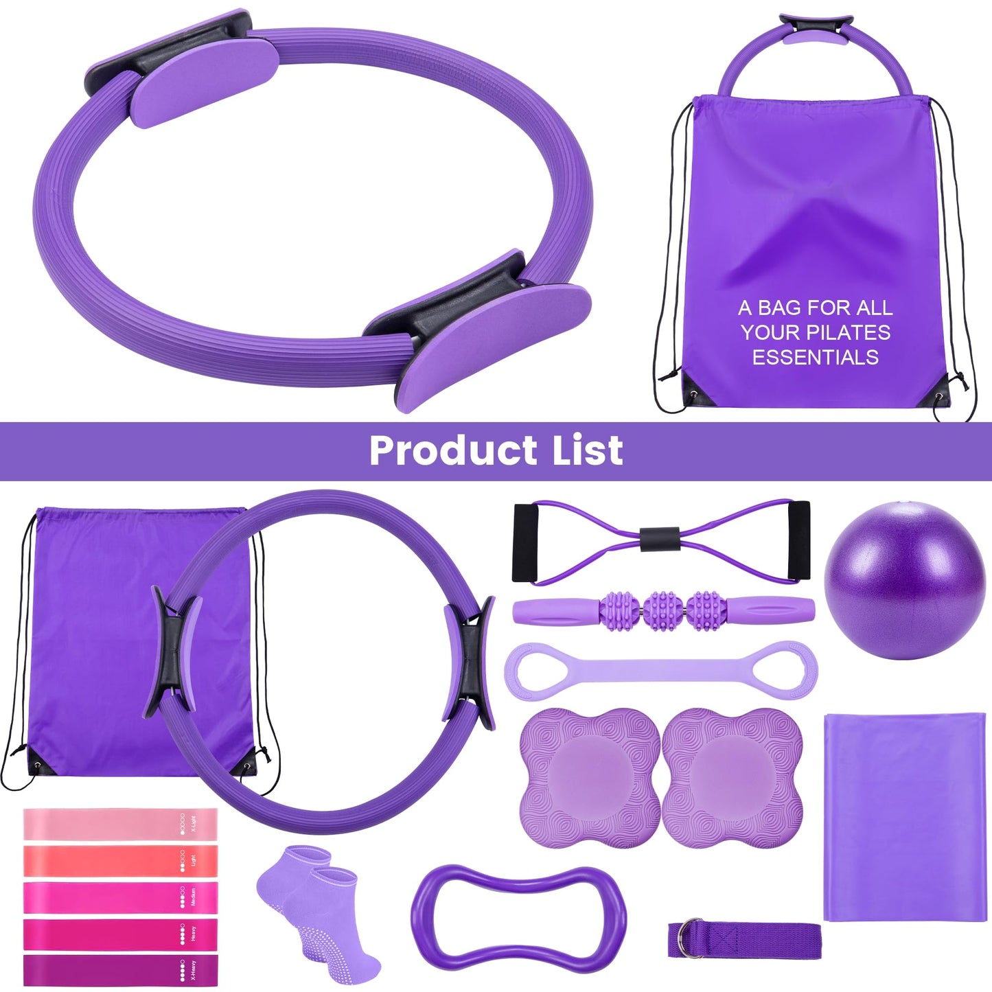 14" Pilates Ring Circle Fitness Set of 17 Equipment Accessories Workouts Includes Pilates Ball Magic Circle Yoga Ring Knee Pads and Resistance Bands for Women Set Gift for Women Weight Loss (Purple)"