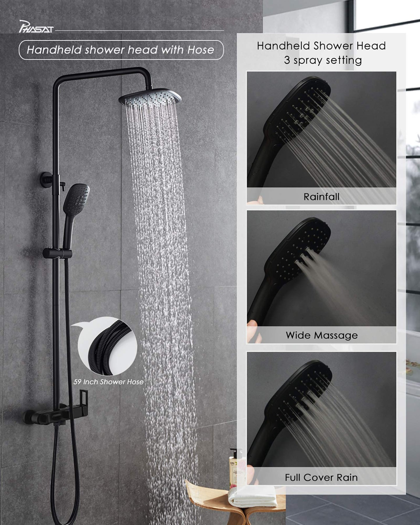 PHASAT Shower Fixtures Brass 3 Function Bathtub Faucet Set Wall Mounted Exposed Shower System,Matte Black,CT8525