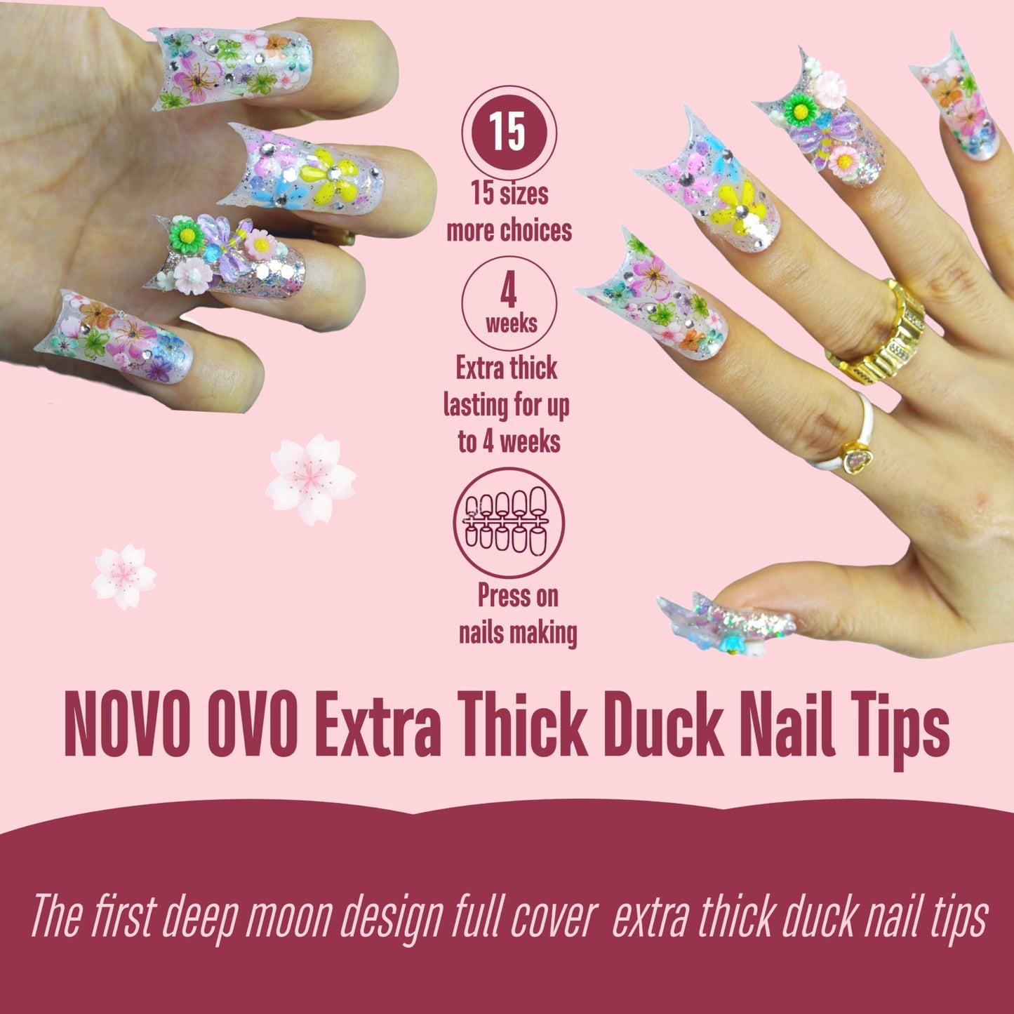 NOVO OVO Halloween Extra Thick Duck Feet Nail Tips Full Cover with Moon Curve for Press on Acrylic, Medim Long Clear Pre-Etched Matte Flare Wide French Soft Gel False Nail Extension x 15 Sizes 240 pcs