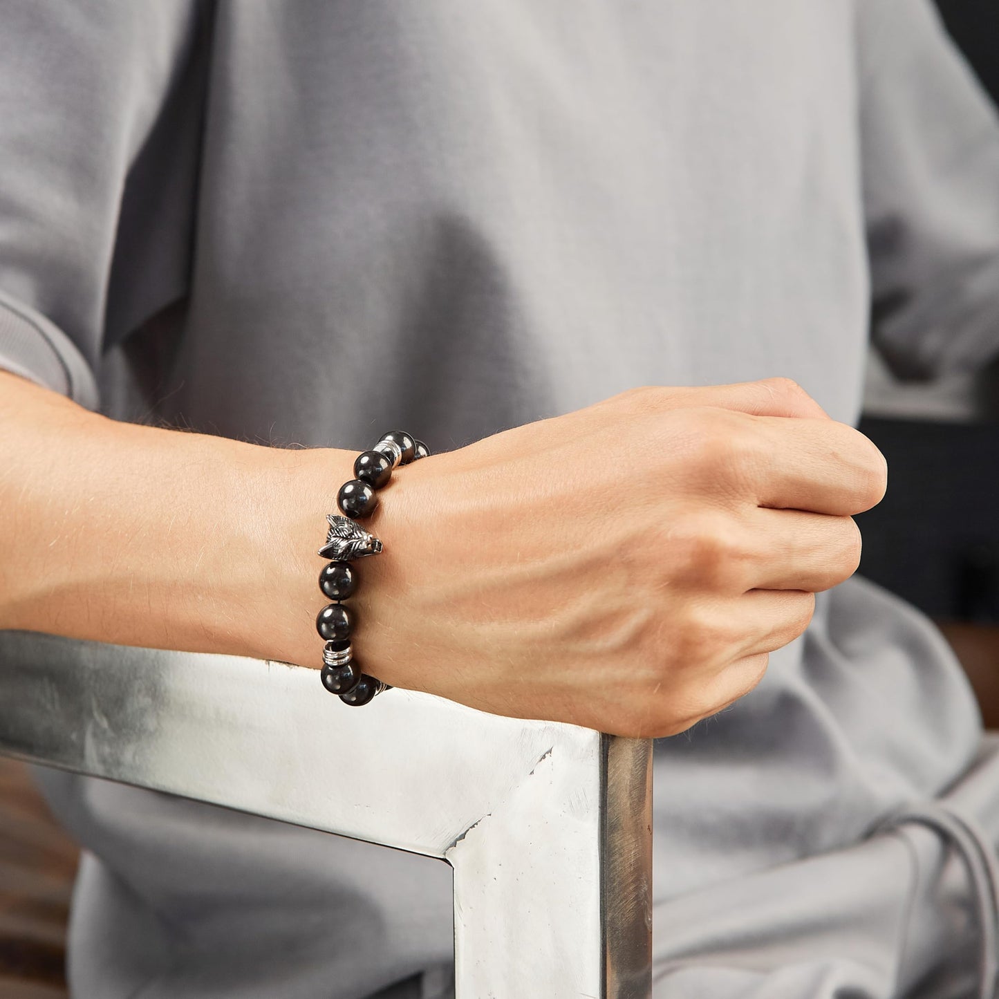 Karelian Heritage Shungite Stone Beaded Bracelet, Handmade for Men, Natural Stones and 7.3 Inch Elastic Stretch Band, Spiritual Chakra Crystal Healing Jewelry (Shungite & Wolf Charm)