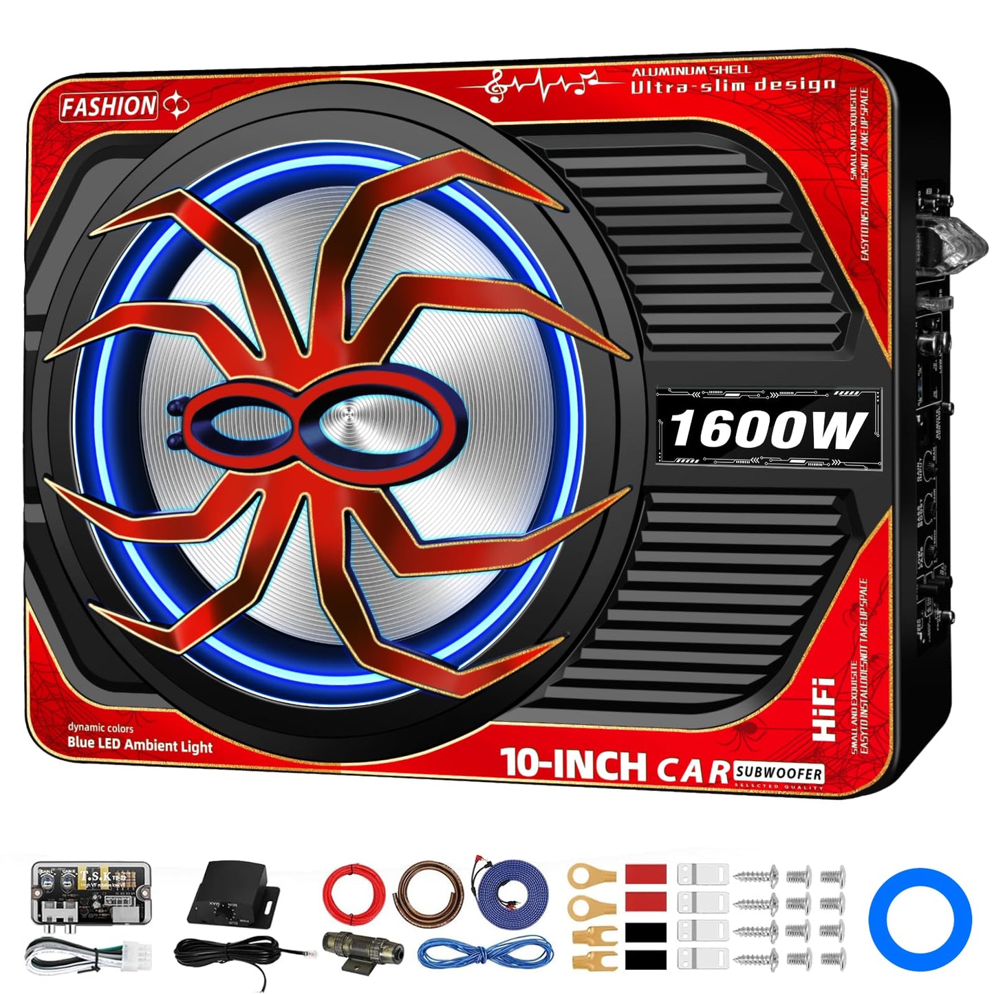 TZGBASS 1600W Slim Under Seat Subwoofer and Amp Package, Powered Car Subwoofer with Built-in Amp, Subsonic Deep Bass, LED Switch Control, High-Excursion Underseat Subwoofer for Truck/Car Audio Systems