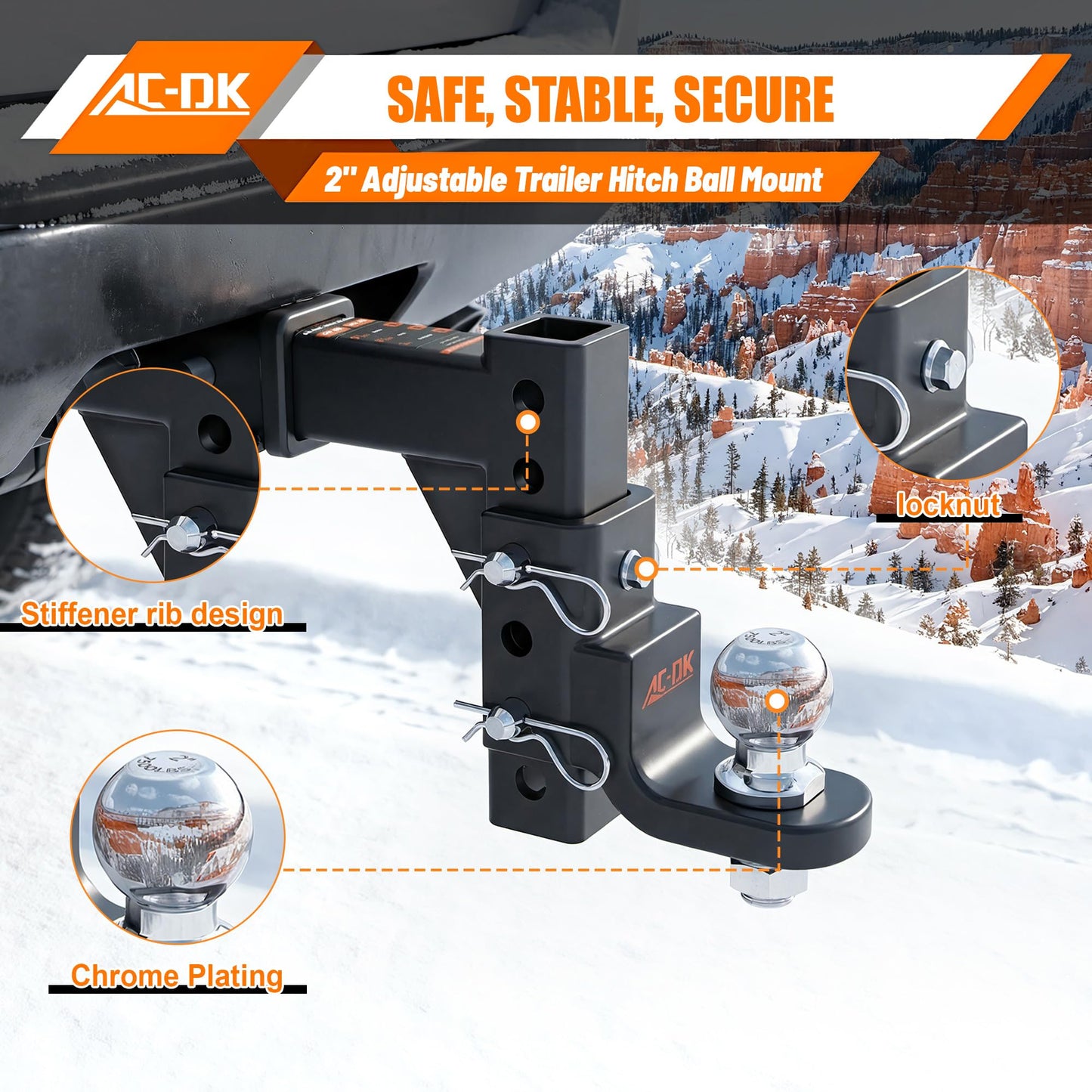 AC-DK Adjustable Trailer Hitch for 2 inch Receiver,9-1/2" Drop & 8-1/4" Rise,Tow Hitch with 2 inch Ball,7500 LBS GTW/750 LBS TW, Includes 2 Pin&Clips and 5/8" Pin Lock