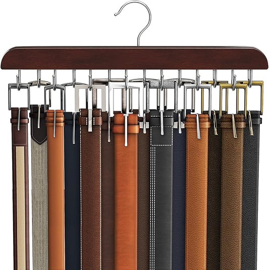Belt Hanger for Closet, Sturdy Wood Belt Rack Closet Accessories with 14 Hooks Belt Organizer for Closet Organizers and Storage Max 42 Belts-Mahogany 1 Pack