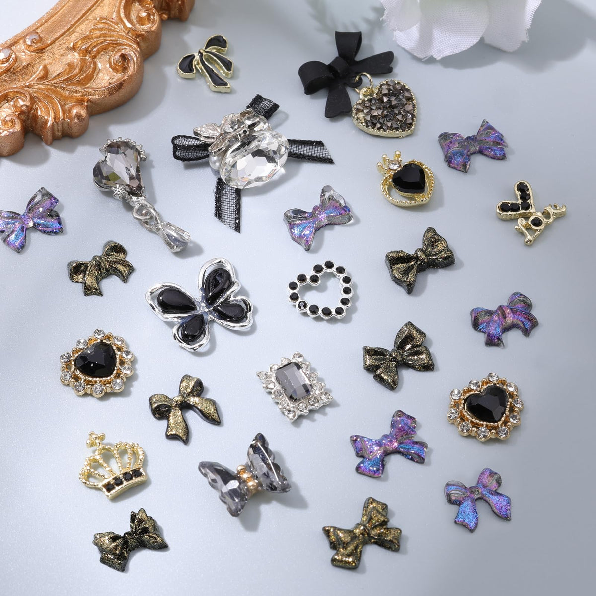 5 Boxes Black 3D Nail Charms Set, 24Pcs Y2k Alloy Nail Art Rhinestone Charms 3D Bow Flower Crown Heart Star with Tweezers and Dual-end Brush for Manicure Salon DIY Crafts,Face Makeup Gems Jewels