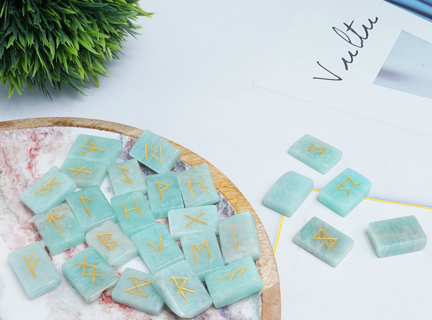 Crocon Amazonite Rectangle Shape Gemstone Runes with Elder Futhark Alphabet Engraved 25 pcs Rune Set Crystal Divination Metaphysical Healing Chakra Reiki Runes Set with a Pouch Size : 20-25mm