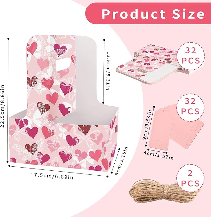 32 Set Drink Carrier,Cardboard Cup Holder with Love, Coffee Cup Holder with Handle,Coffee Carrier with Greeting Card and Ribbon for Valentine's Day Gifts Party Gift,Pink