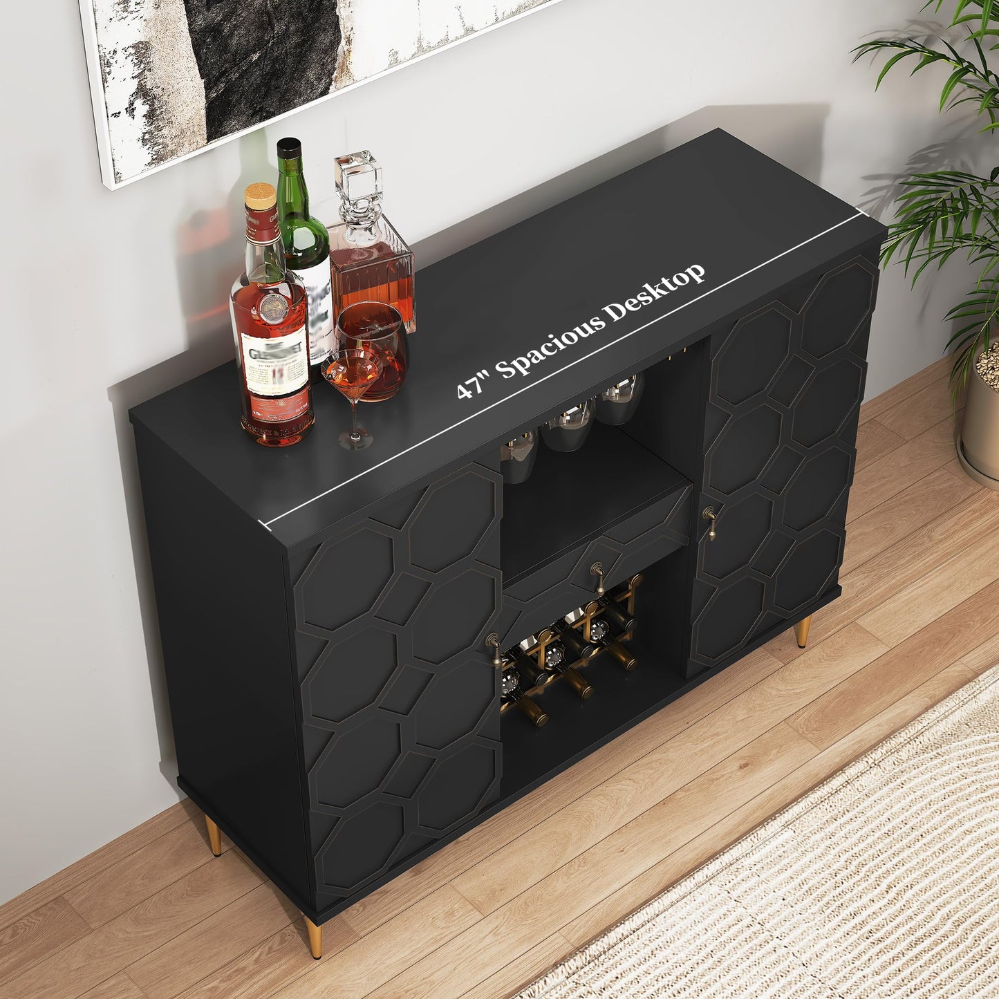 MROJISC Modern Bar Cabinet with Drawer, Liquor Cabinet with Wine Glass Racks and Shelves, Geometric Door Buffet Sideboard for Dining Room, Living Room, Kitchen, Black