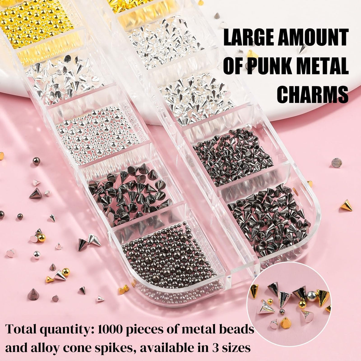3D Mini Metal Punk Nail Art Studs, Mixed Sizes Gold Silver Black Alloy Cone Spikes Rivets Steel Beads Balls Goth Nail Charms with Tweezers & Dual-end Brush for Nails DIY Crafts Decorations (17-K1)