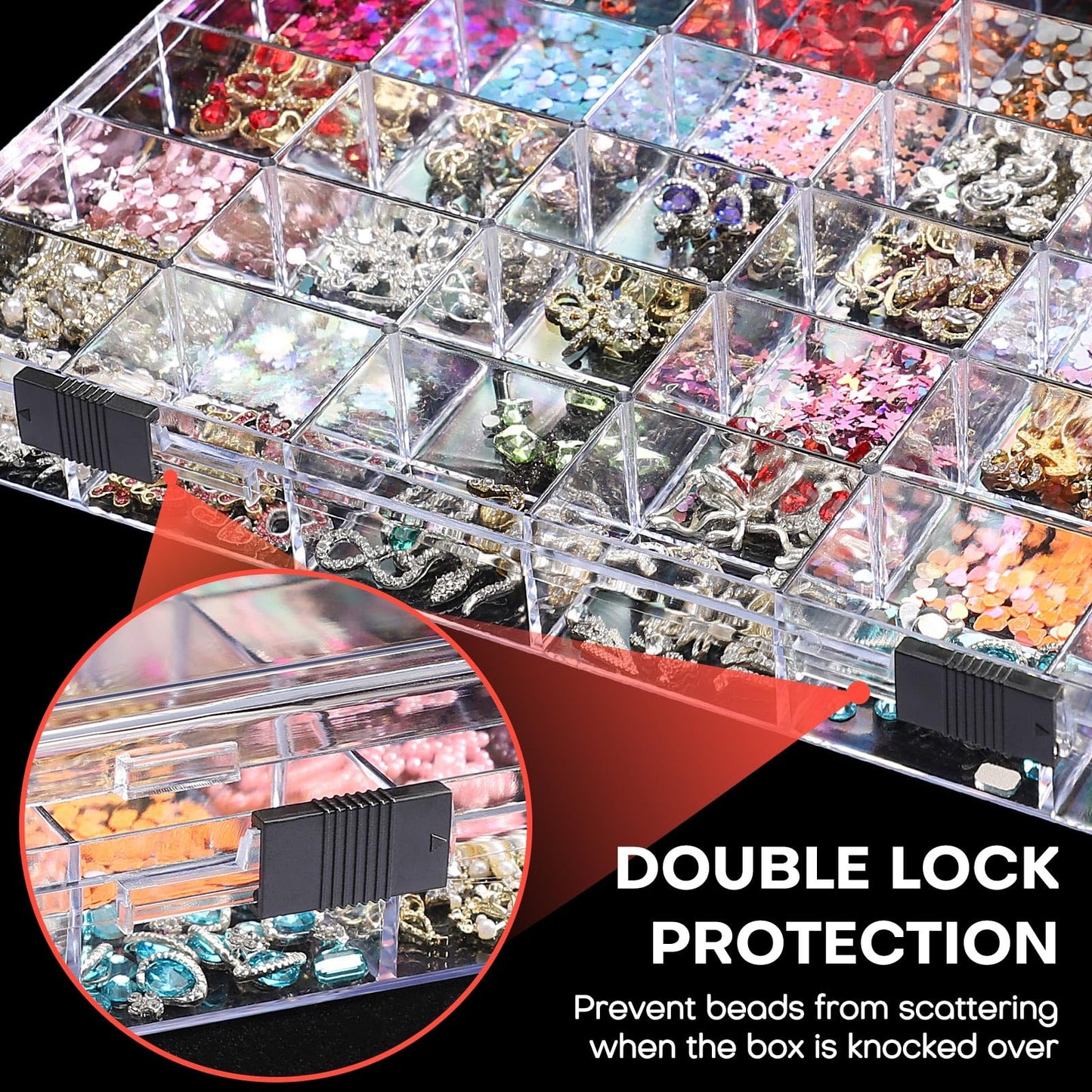 Noverlife 36 Grids Clear Plastic Jewelry Organizer Box, Nail Charm Holder Double Buckle Bead Organizer Storage Container Box, Empty Nail Box Organizer Earring Display Case Acrylic Bead Box for Women