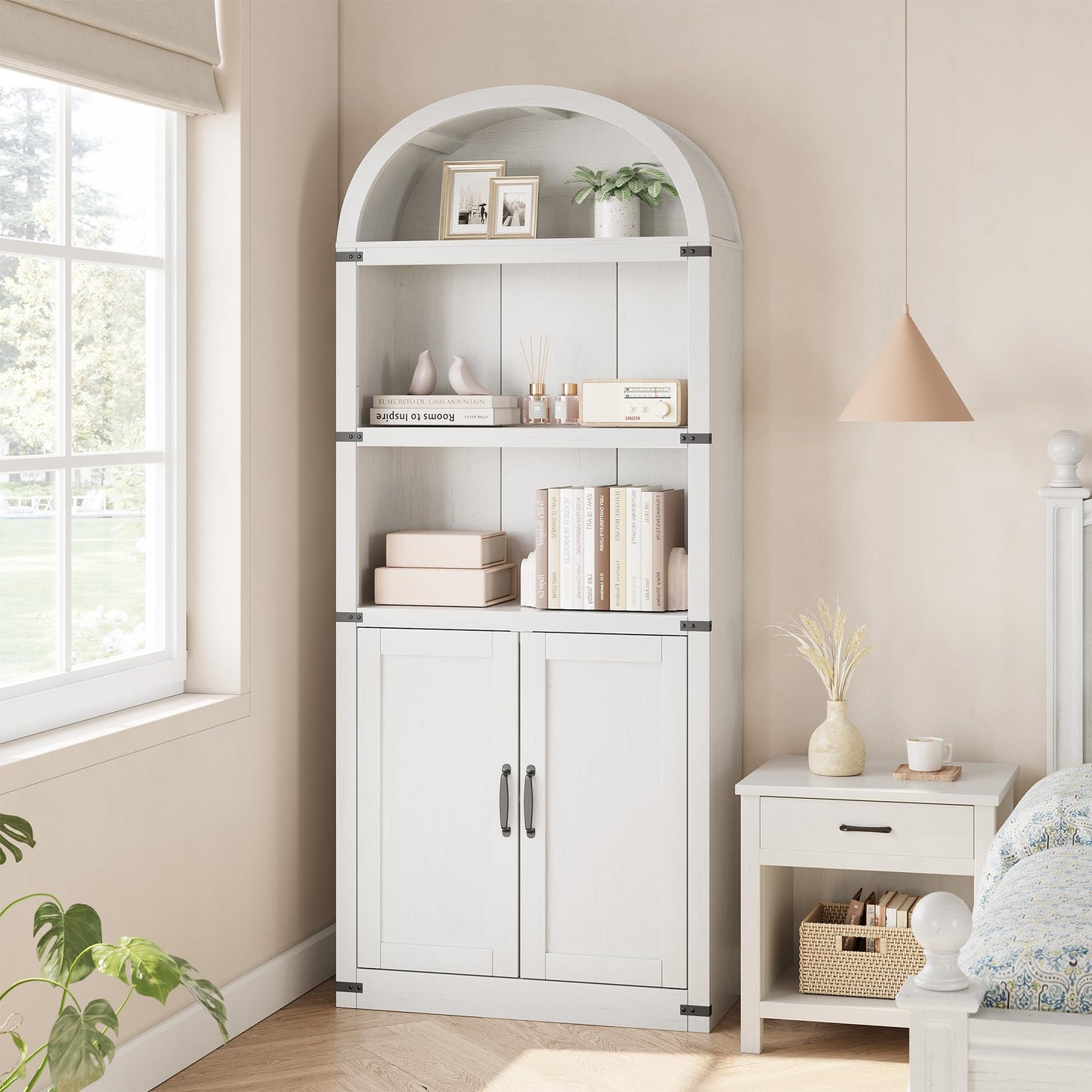 GarveeHome Bookcase with Doors Arched Bookshelf 71.65 in Tall Bookcase Farmhouse Cabinet with Shelves Wooden Bookshelves for Home Office, Living Room