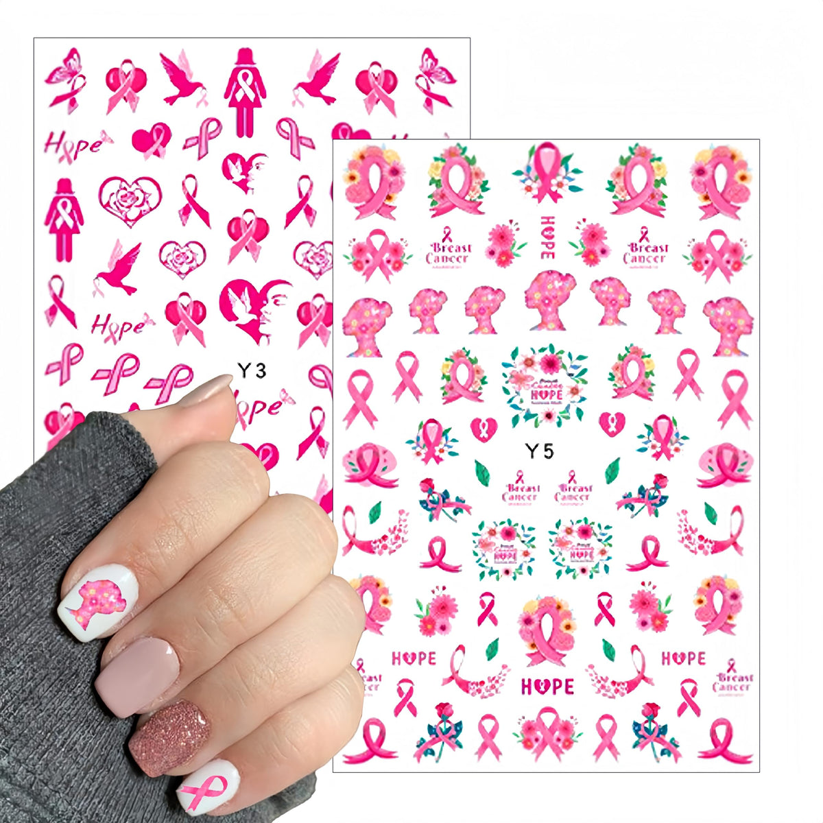 Breast Cancer Awareness Nail Art Stickers Pink Ribbon Nail Decals 3D Self Adhesive Nail Decals Butterfly Heart Flower Design Nail Sticker Breast Cancer Nail Supplies for Women Decoration 6 Sheets
