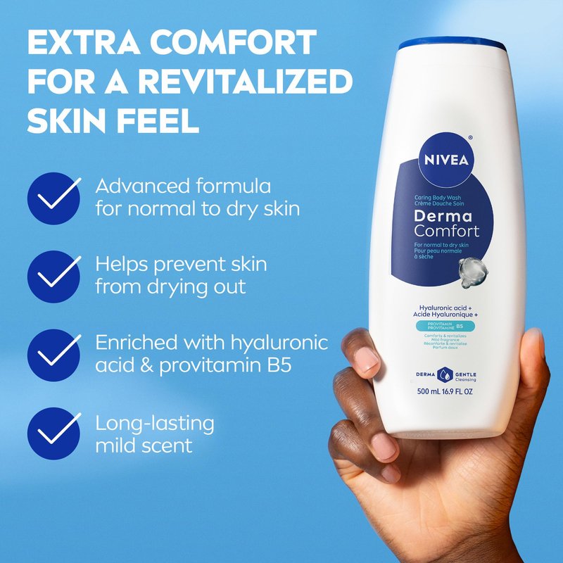 NIVEA Derma Comfort Caring Body Wash for Normal to Dry Skin, Body Wash with Hyaluronic Acid and Provitamin B5, 16.9 Fl Oz Bottle, Pack of 3