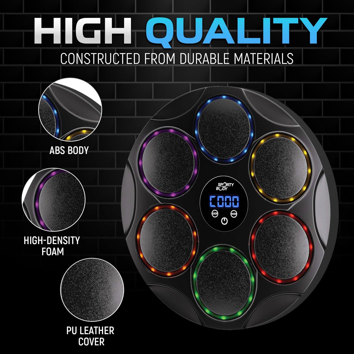 Music Boxing Beatbox Trainer by Sporty Body, 9 Speeds & 9 Light Modes, Bluetooth Sync, Auto Counting, and Durable ABS Body for Home Workouts, Supports 440lbs Punch Force, Wall Mounted Boxing Machine