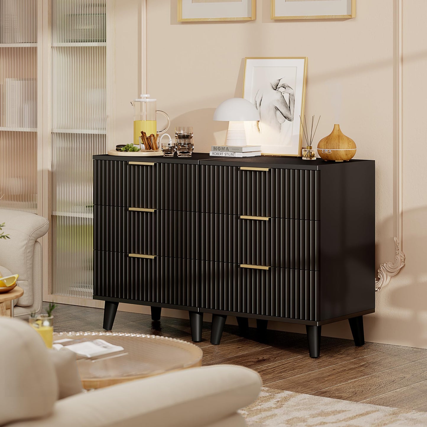 Lulive Wood 3 Drawers Dresser Fluted Night Stand with Charging Station, Natural Nightstand 3 Storage Drawers Dresser Modern Side Table, Bedside Table for Bedroom