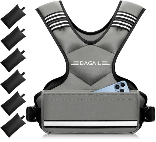 BAGAIL Adjustable Weighted Vest for Men 20-32lb, Comfortable U-Neck Rucking Vest with 6 Removable Weights, Storage Pocket and Reflective Strips for Strength Training, Advanced Bodyweight Workouts & Endurance