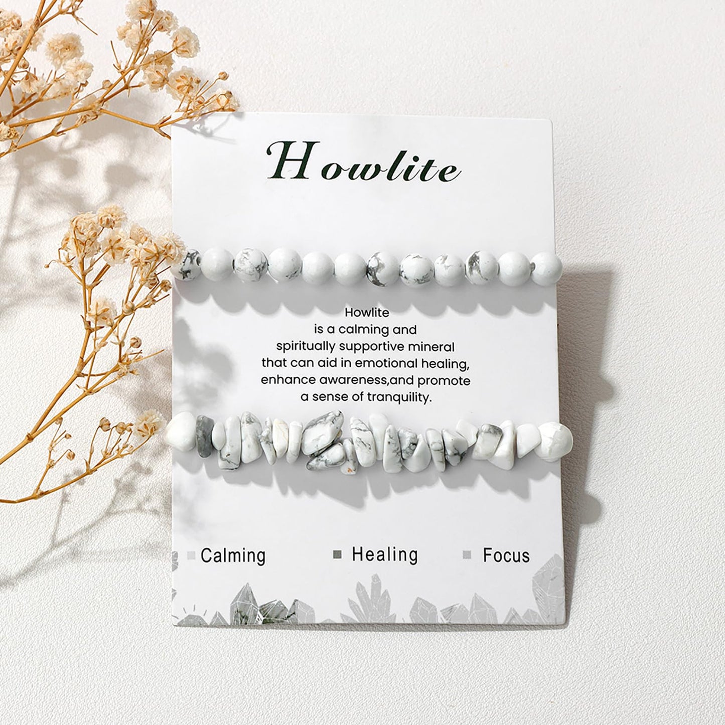 Lit Wall 2Pcs Unisex Adult Howlite Bracelet Set - 6mm Handmade Adjustable White Beaded Gemstone Bracelets - Stretch Bracelets - Strand Form - Howlite Stones - No Metal Type