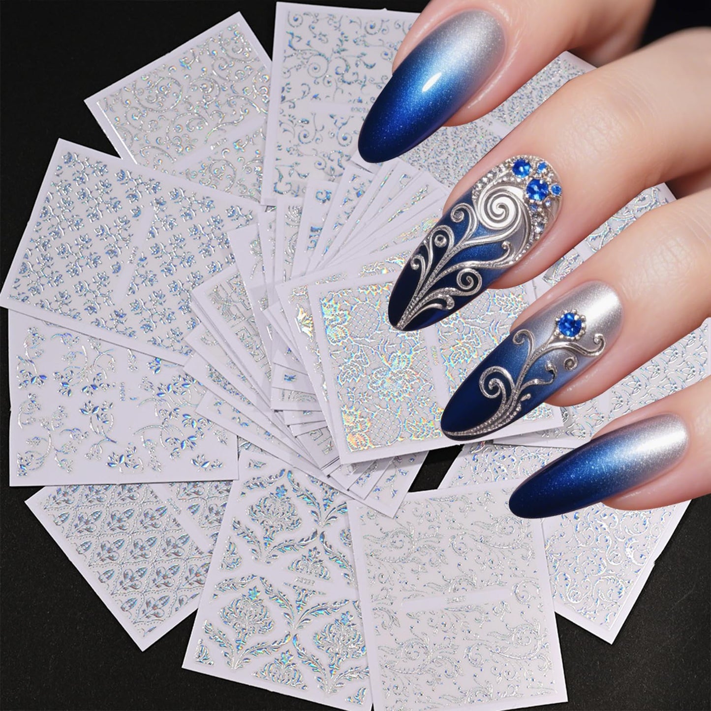 WEIXIWUYU Laser Silver Hollow Retro Floral Vine Nail Art Stickers Laser Silver Lace Design Nail Supplies 3D Self-Adhesive Nail Stickers for Women Girls DIY Manicure Slider Decorations 30 Sheets