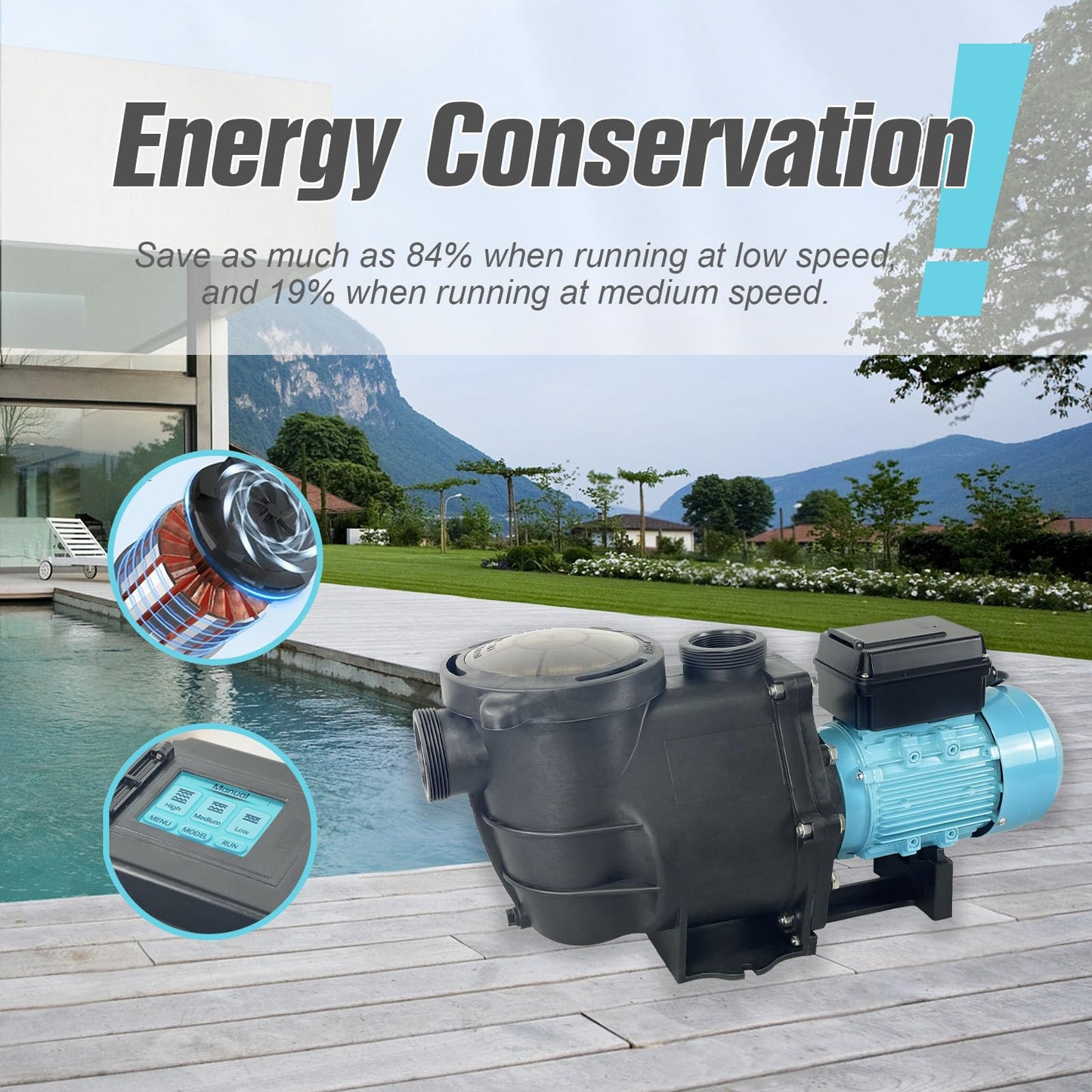 2.5 HP Variable Speed VS Multiple Speed Programmable Pool Pump 230Vac 8100GPH Intelligent In-ground and above ground pool pump Compatible with with both 1.5" Pipe and 2.0" Pipe