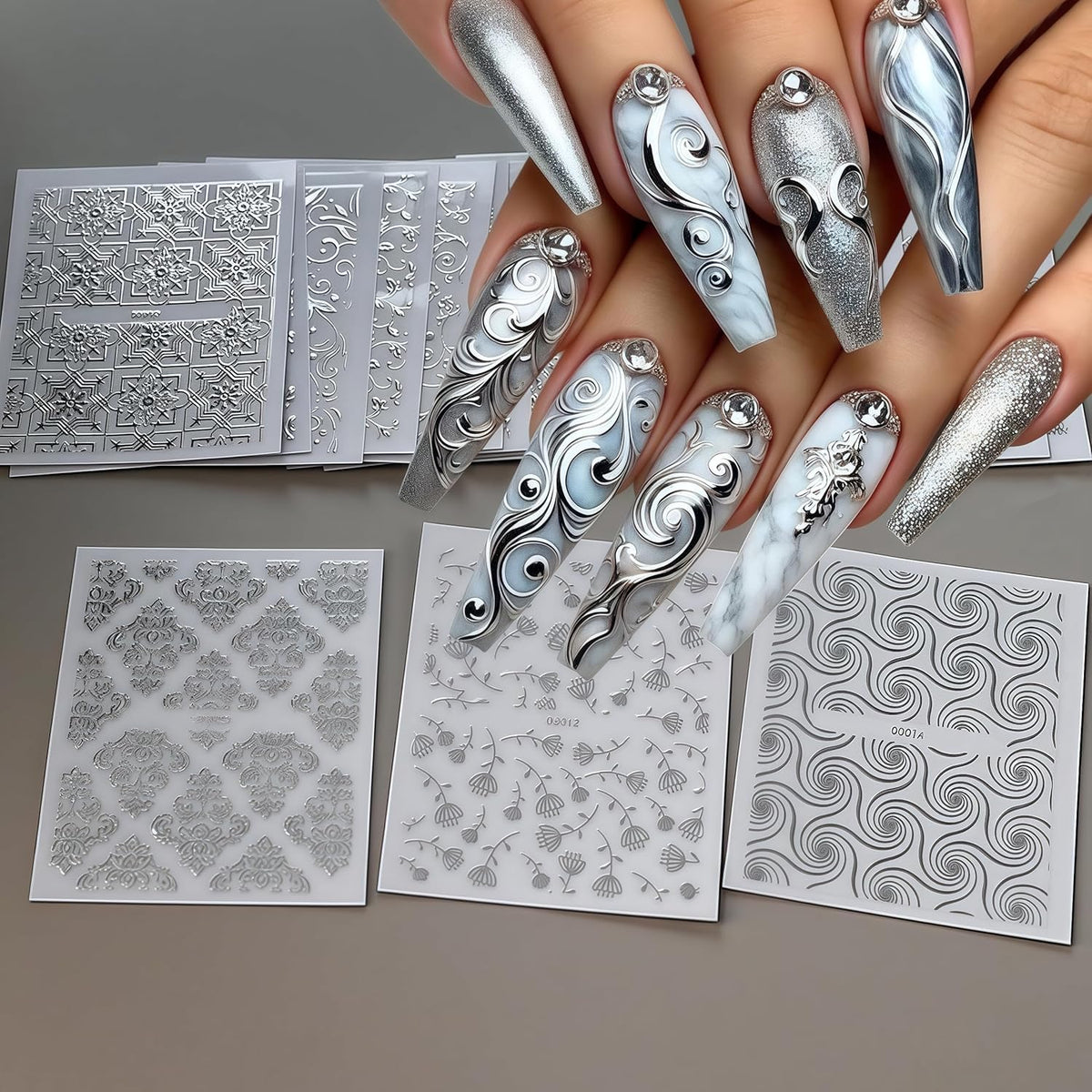 30 Sheet Silver lace Nail Stickers for Flower Nail Art 3D Self-Adhesive Nail Decals Silver Hollow Retro Floral Vine Nail Art Stickers Design lace Flower Nail Supplies for Women Manicure Decorations
