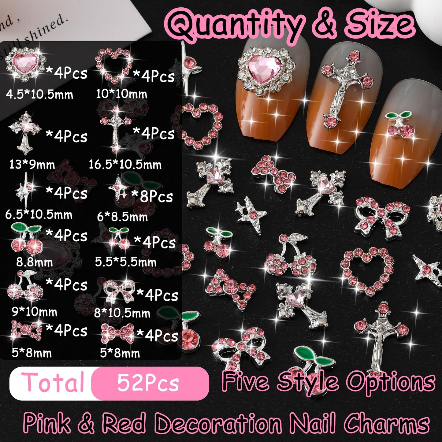 ZUMILLMN 52PCS Pink and Silver Metal 3D Nail Charms Bulk, Bow, Heart, Cherry, Cross and Star Charms for Nails-Shiny Nail Rhinestones for Nail Art, Manicure, DIY Jewelry Making