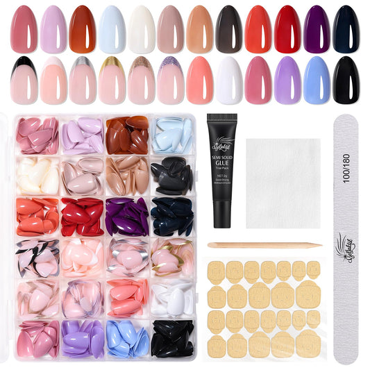 GELLAKTIK Press on Nails Kit 576 Pcs 24 Colors, Short Almond Glossy French Color Nail Tips With Nail Glue & Nail Tabs Stickers,Natural Fit Lightweight Nail Art for Women Girls