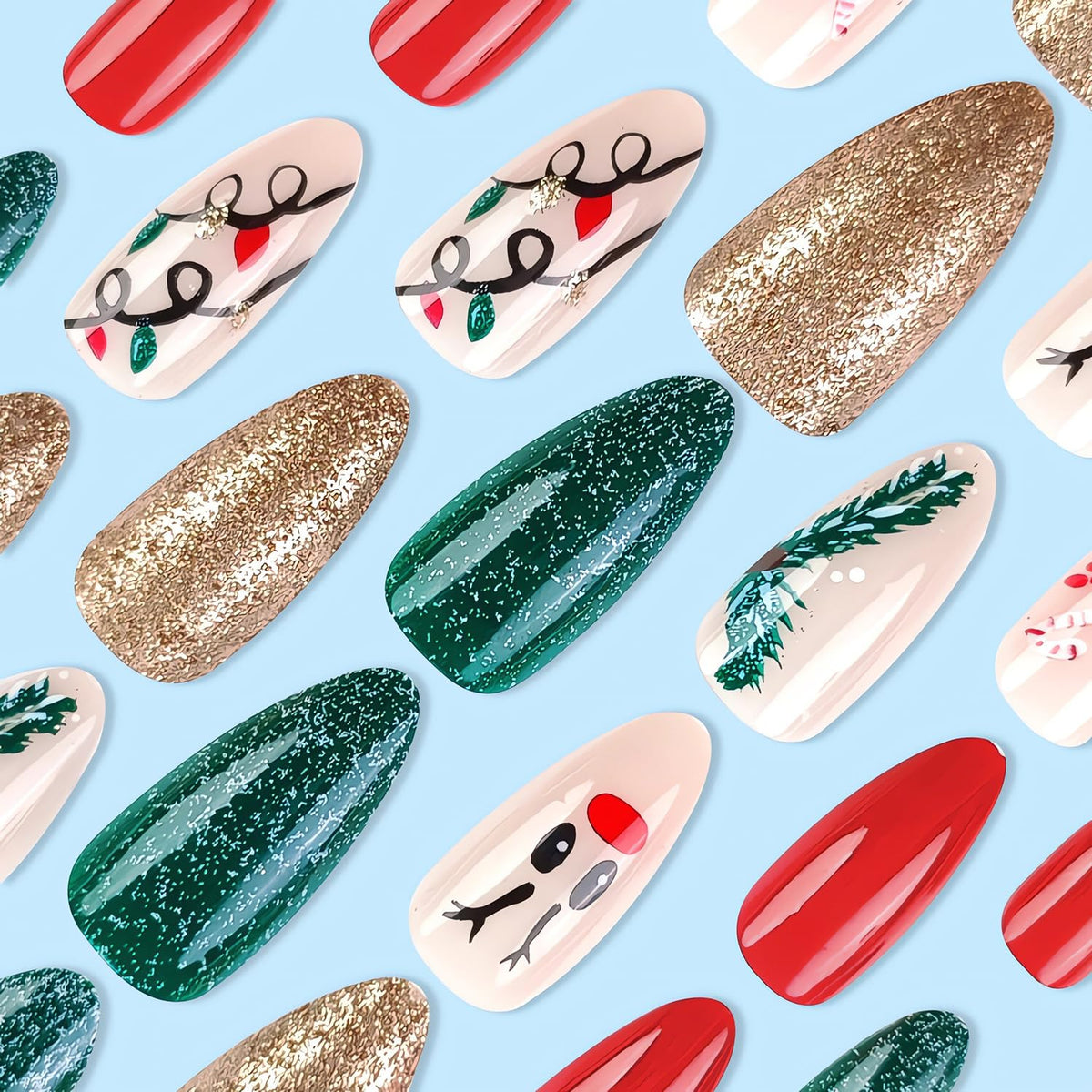 Cute Christmas Press on Nails Almond Fake Nails with Deer Glitter Cane Christmas Light Designs Medium Glue on Nails Glossy Winter False Nail Tips Full Cover Gel Artificial Nails Stick on Nails 24Pcs