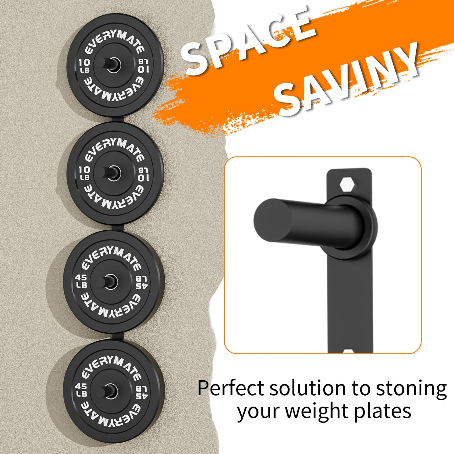 EVERYMATE Weight Plate Storage Rack, Wall Mounted Weight Plate Holder, Bumper Plate Storage for Home Gym, Heavy Weight Plates Holder Fit 2"Plates (4peg)"