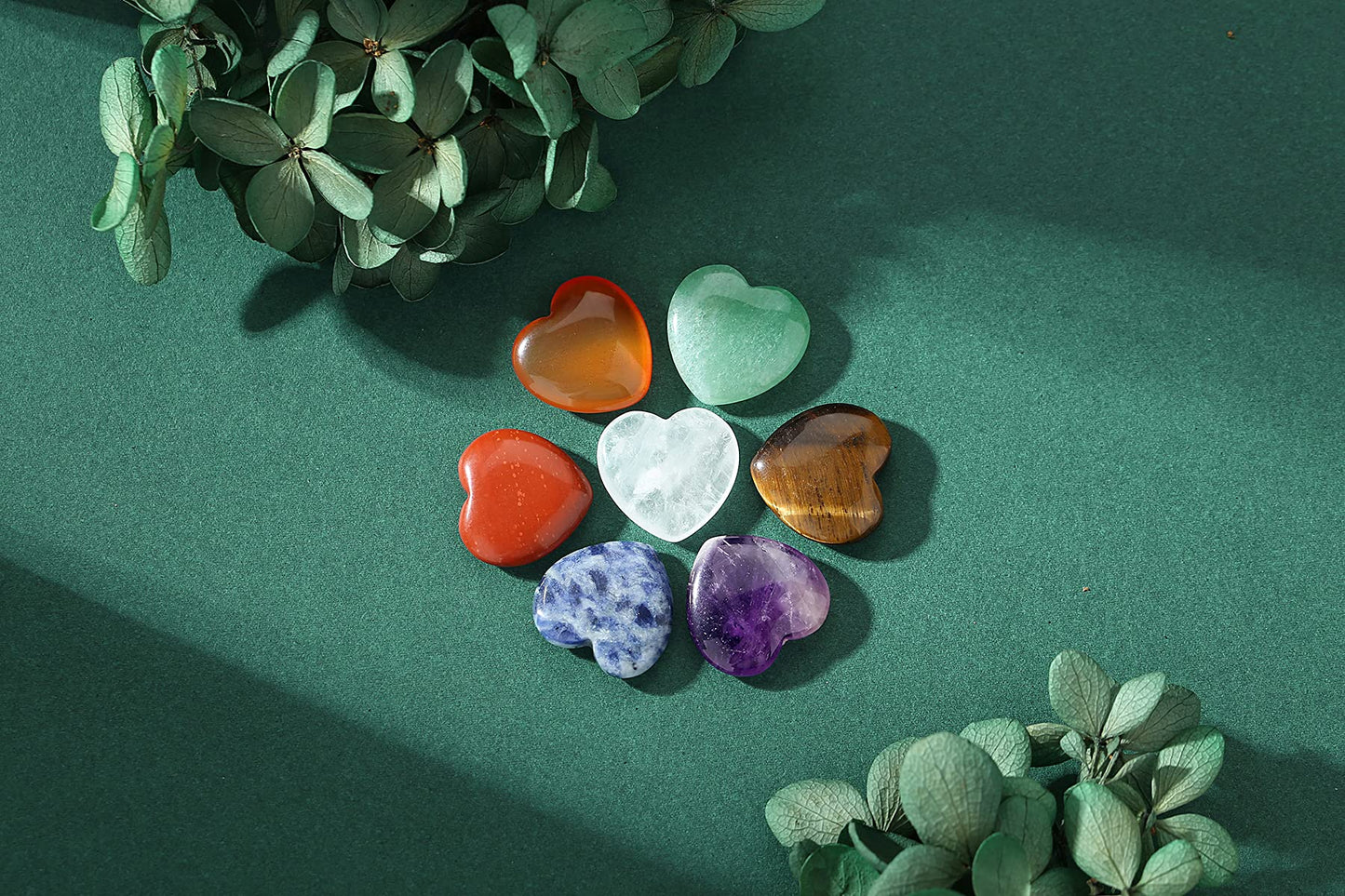 YATOJUZI 7 Chakra Natural Heart Healing Crystals Rose Quartz Amethyst Heart Love Stones Set Bulk Polished Pocket Palm Thumb Gemstones Chakra Reiki Balancing 0.8 inches