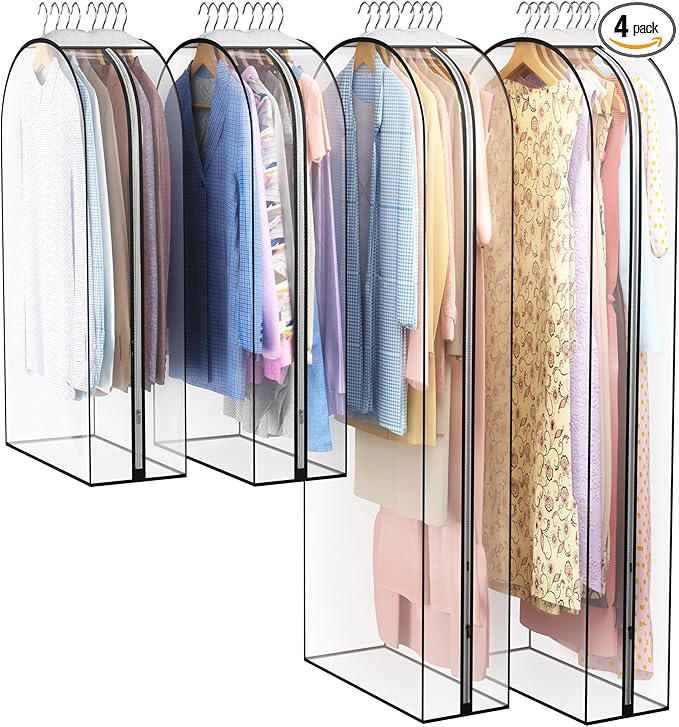 Liuoud Clear Garment Bag for Hanging Clothes 10â Gusseted, 40&60â Suit Bags for Open Closet Storage Plastic Clothes Cover for Coat, Dress, Shirts, Fur, Jacket, Wardrobe Protectors, 4 Pack