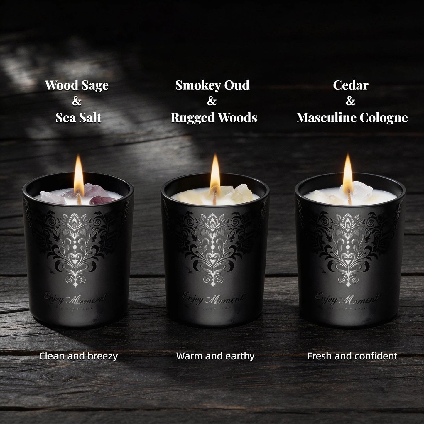 Luxury Black Crystal Candle Gift Set for Men – 3 Pack 7oz Soy & Beeswax Candles with Real Natural Crystals, Zinc Alloy Lids & Wick Trimmer, 120H Burn Time, Masculine Woodsy Home Fragrance