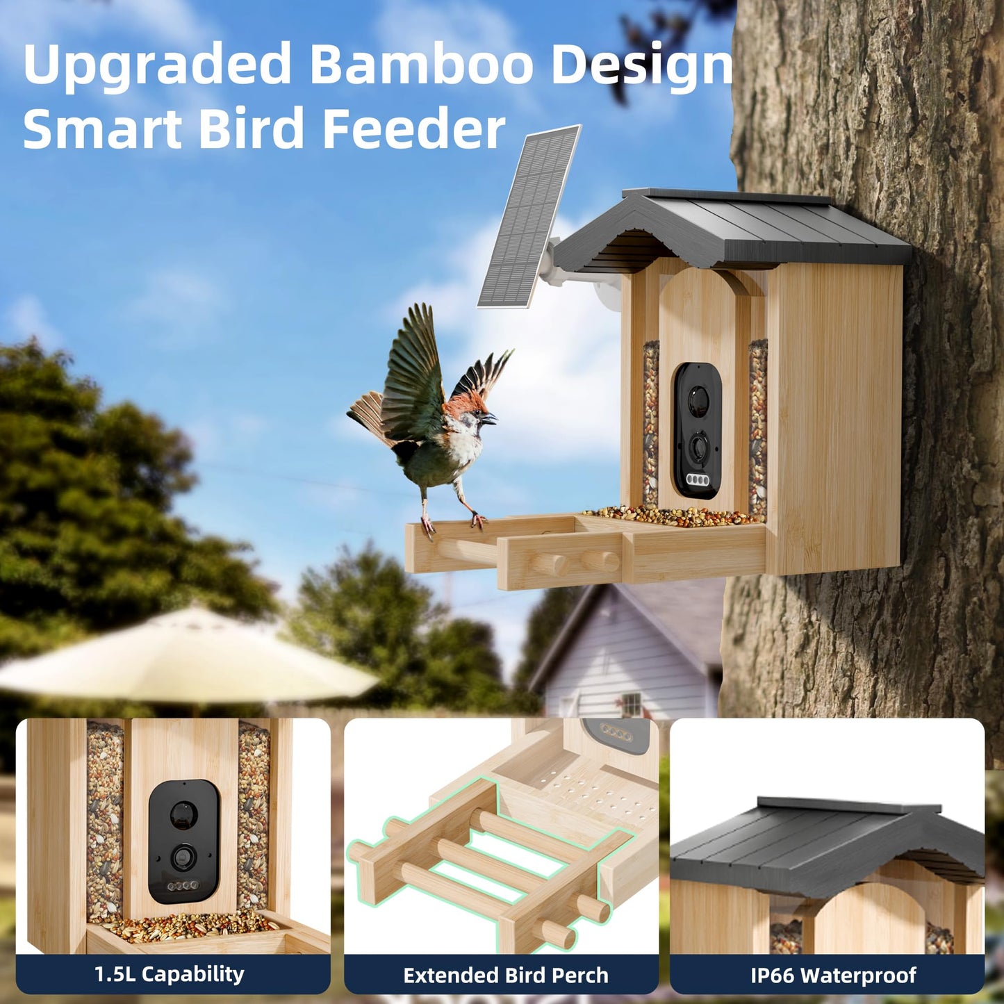 Smart Bird Feeder with Camera, Wild Bird Feeder for Outdoors Bamboo Bird House Watching Camera with AI Identify 11K+ Birds Species & Real-time Notifications, Gifts for Mom Dad Birdlovers, Gable