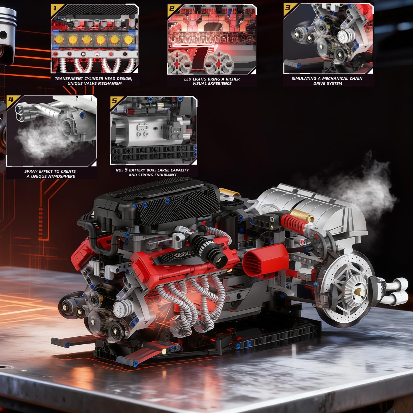 V12 Engine Model Kit that Runs - Visible MOC Physical Science Car Engine Project for Car Enthusiasts with Motor, Lighting and Exhaust,STEM Building Engineering Toy Set for Adults