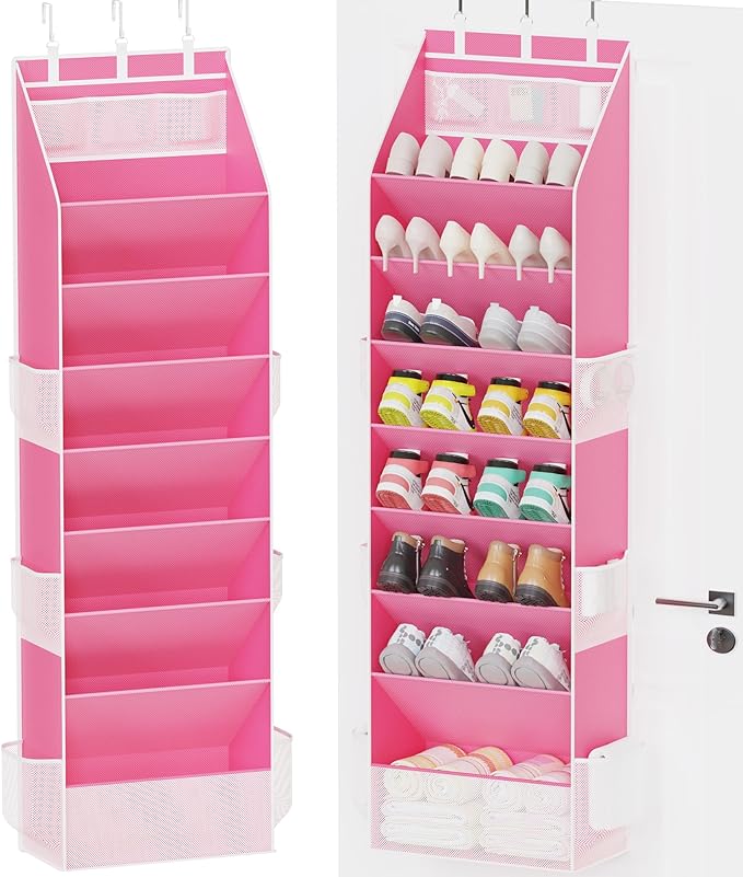 Criusia Shoe Storage, Over the Door Shoe Organizer, Hanging Closet Shoe Storage with Large Deep Pockets, Fits 16â24 Pairs of Sneakers, Sandals, Boots, Pink