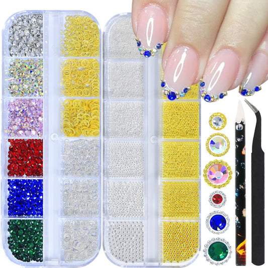 HNUIX Nail Beads - 3D Multiple Size, Mix Colors, Flat Back, Rhinestones for Nails, Gold & Silver, Charms Studs, Round, with Kit, for Nail Art