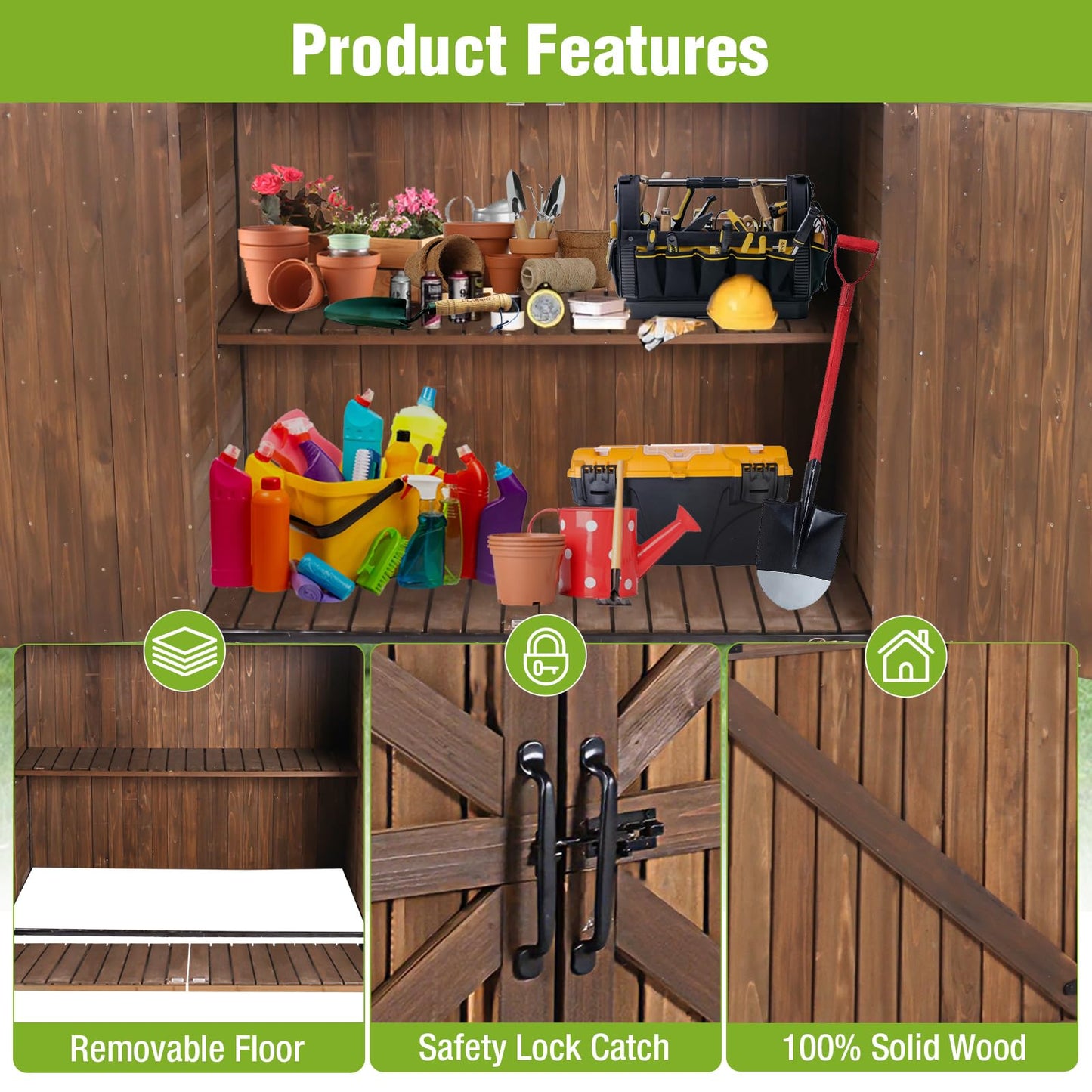 Joyqinchen Outdoor Storage Shed with Strong Metal Frame, Wooden Garden Sheds with Adjustable Shelves and Removable Floor, Weatherproof Outdoor Trash Can Shed, Horizontal Storage Cabinet for Patio