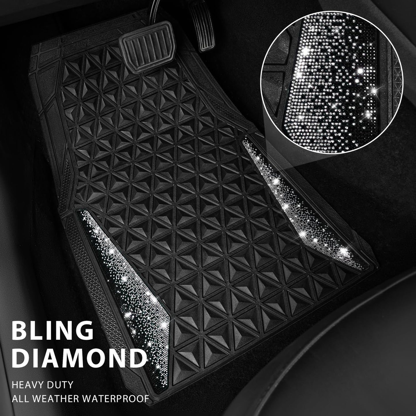 CAR PASS Bling Diamond Car Mats Rubber Floor Mats Full Set Anti-Slip 3D Rhombus Waterproof Trim to Fit Liner Universal Glitter Crystal Sparkly Shining Rhinestone Girl Women SUV Sedan Van, Black Silver