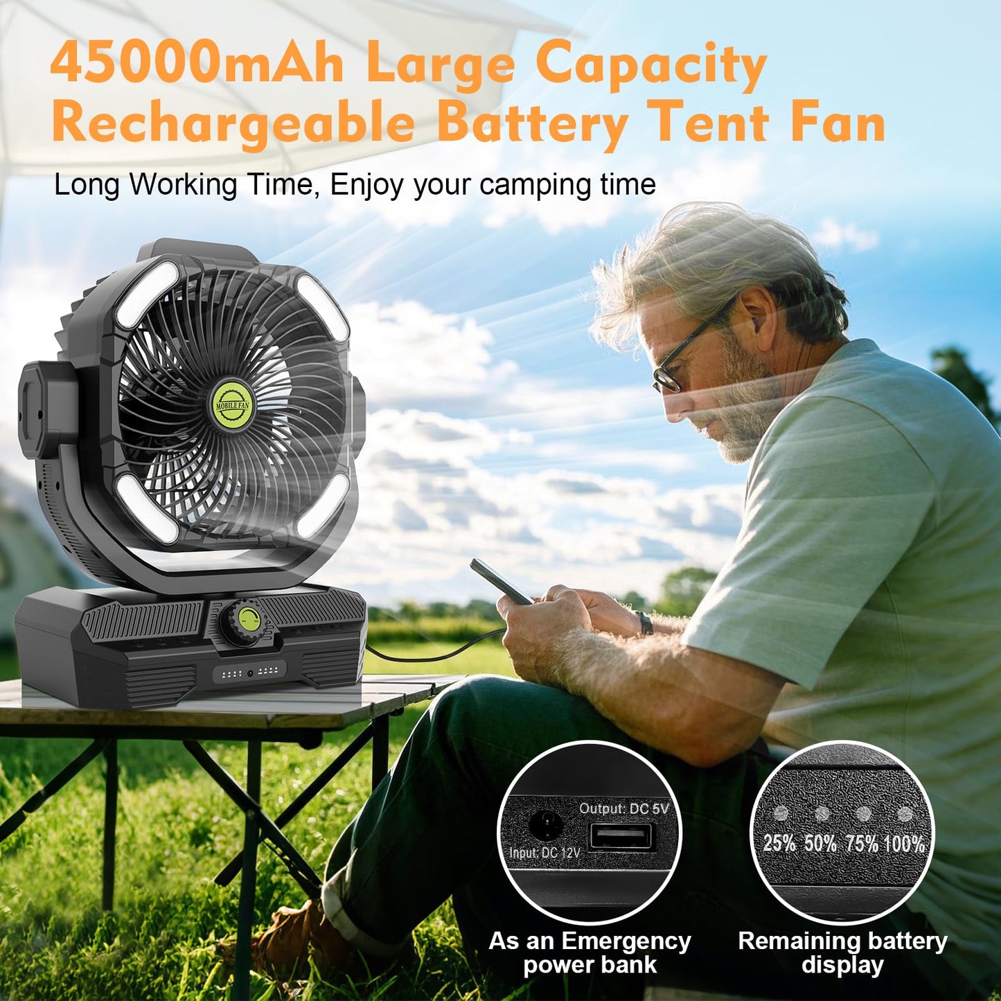 RUNTOP 45000mAh Large Battery Operated Fan, High Speed Oscillating Camping Fan with Remote,Quiet Adjustable Tilt Rechargeable Fans, Battery Powered fansfor Tent Home Office, Bedroom Travel (Black)