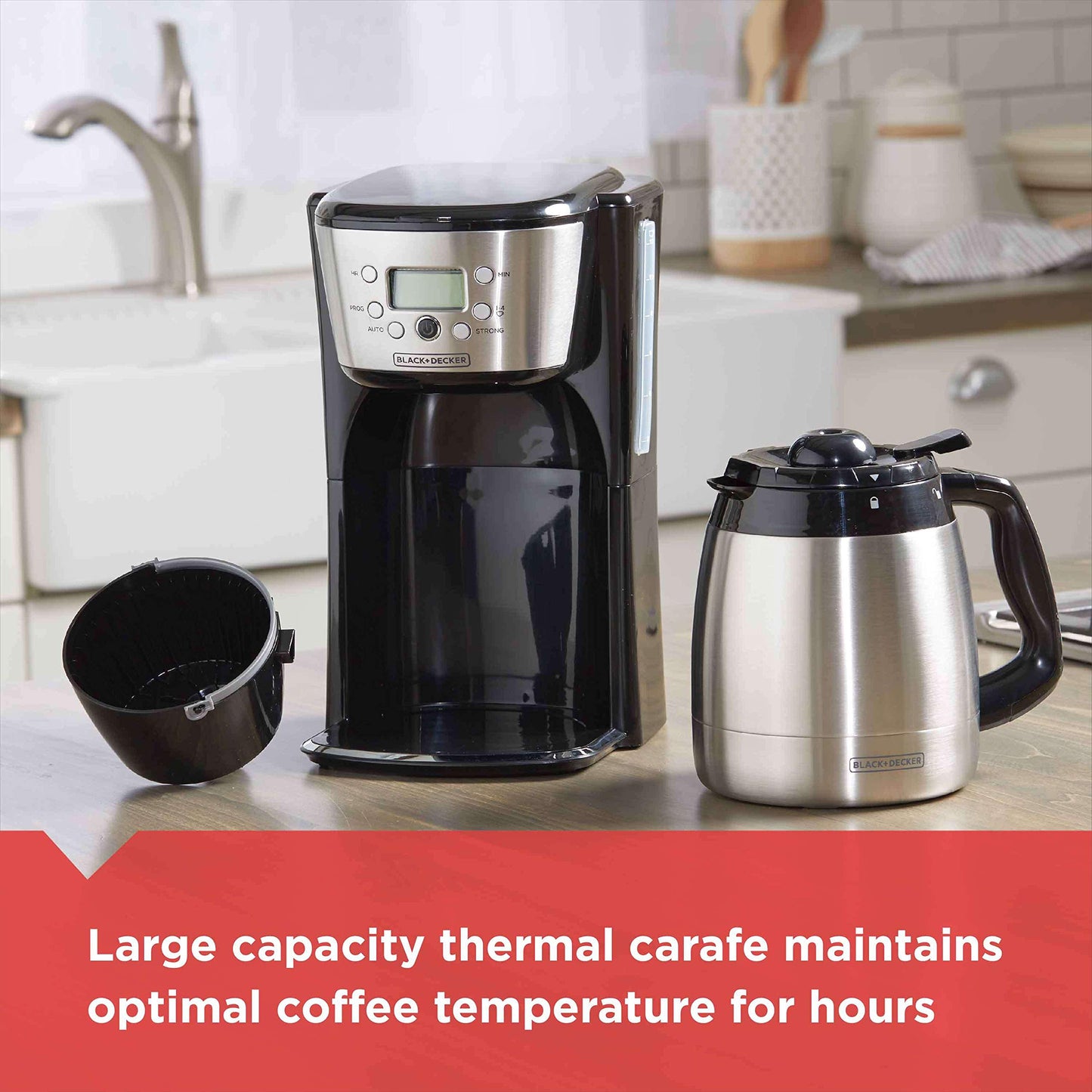 Black+Decker Thermal Coffee Maker, 12 Cup, Programmable, Digital Controls, Black And Silver, CM2036SC