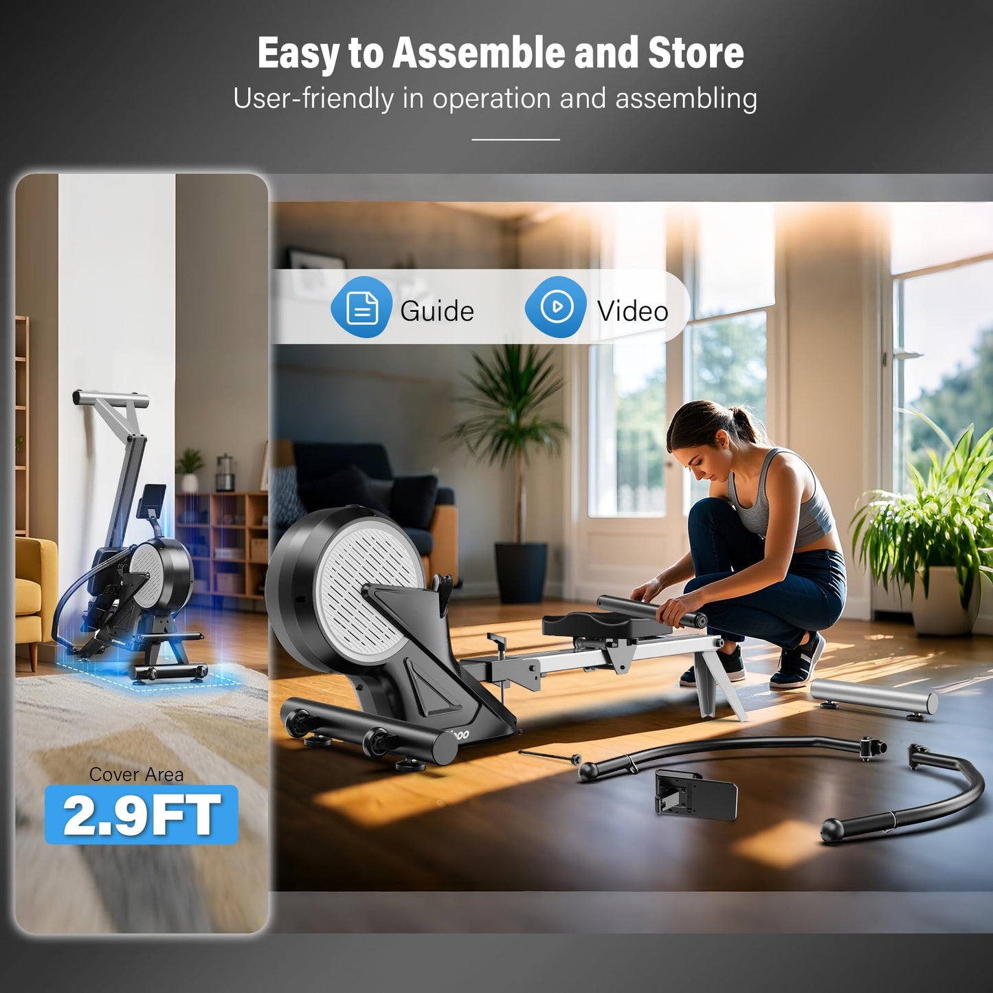 pooboo Rowing Machines for Home, Dual Wind & Magnetic Resistance, Foldable Row Machine 400 LB Weight Capacity, 14 Levels Resistance Quiet Rowers for at Home Exercise, App Supported (Black)