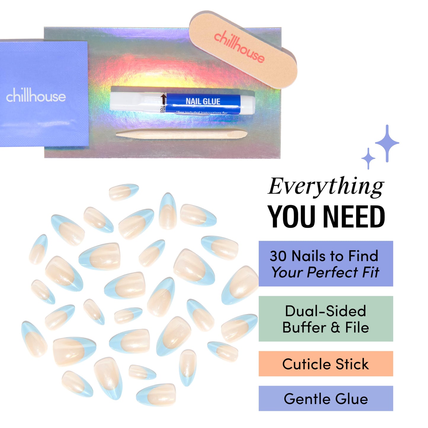 Chillhouse - Chill Tips, French Tip Press On Nails Kit - Bougie Blue (Almond) - 30 Nail Shapes & Sizes - 2 Weeks of Wear - Customizable Fit - French Manicure Kit - Women Owned - Beauty & Self Care