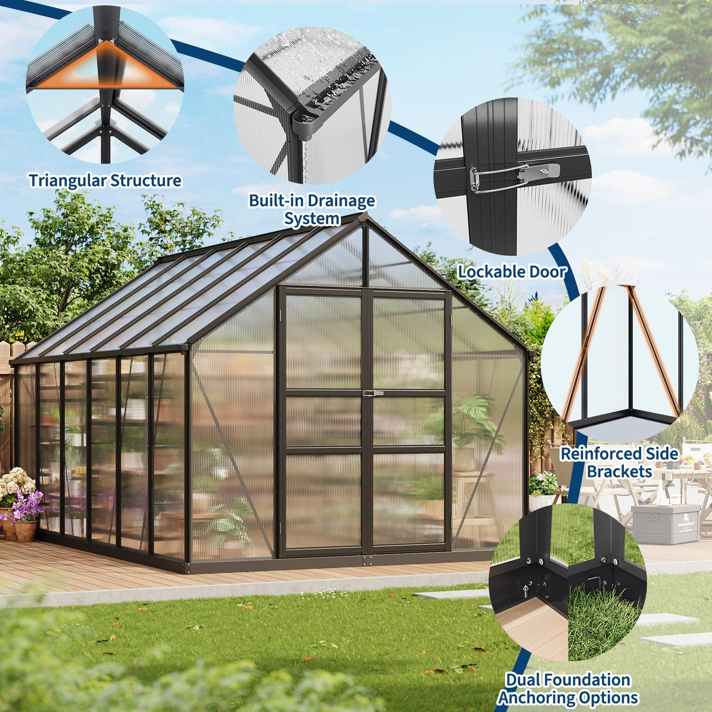 12x8 FT Greenhouse, Greenhouses for Outside, Polycarbonate Greenhouse with Aluminum Frame, Lockable Door and Ajustable Roof Vent for Backyard, Green Houses for Outside Garden Backyard, Patio
