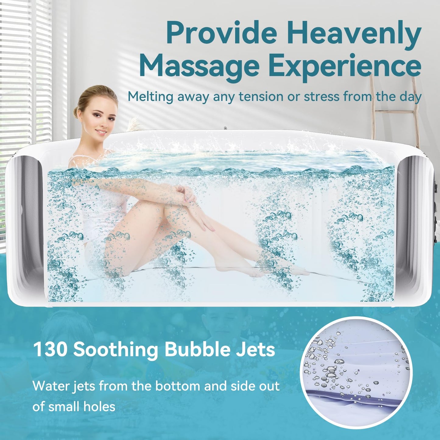 Inflatable Hot Tub, 4-6 Person Large Polygon Portable Blow Up Hot Tub, Leak-Proof PVC Outdoor Spa with 130 Air Jets, Heater Pump and Insulated Cover, 77” X 25”