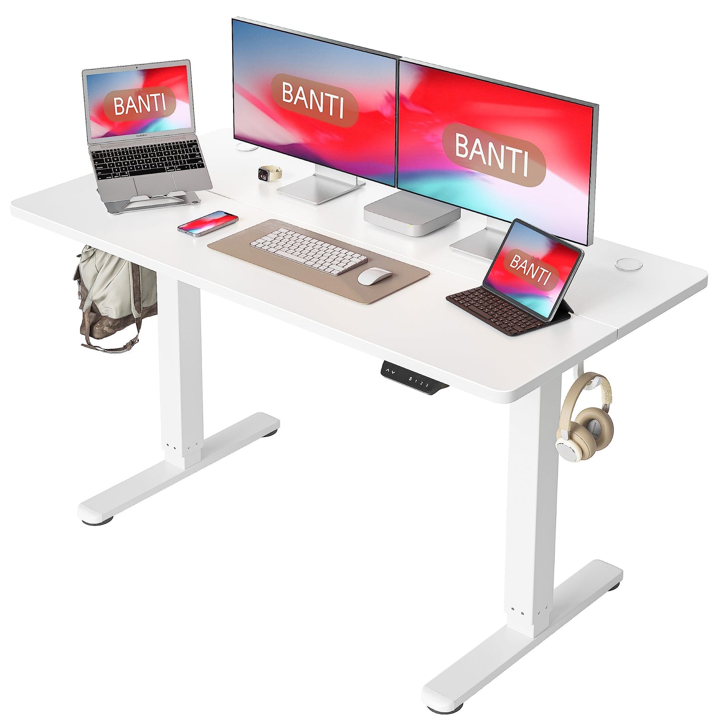 BANTI 55'' Electric Height Adjustable Standing Desk,Sit Stand up Desk,Ergonomic Sit-Stand Desk for Home Office,White Top